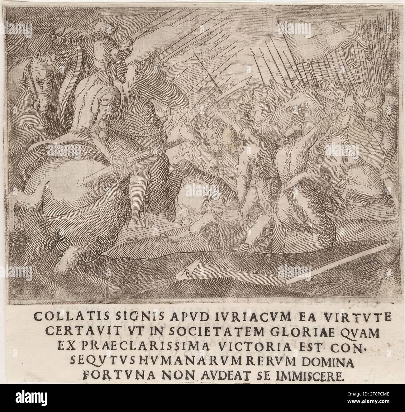 Szene aus dem Leben von König Heinrich IV. Von Frankreich (Giraldi, Esequie d’Arrigo quarto ..., Textbild 7), aus: Giuliano Giraldi, Esequie d’Arrigo quarto cristianissimo Re di Francia, e di Navarra. Feiern Sie in Firenze dal serenissimo Don Cosimo II Granduca di Toscana, Florenz, Bartolommeo Sermartelli e fratelli, 1610, S. 26, 1610, Ätzen und Text auf Papier, Blatt: 15,1 x 15,9 cm, [R.b.] ' 7' (innerhalb der Darstellung Stockfoto