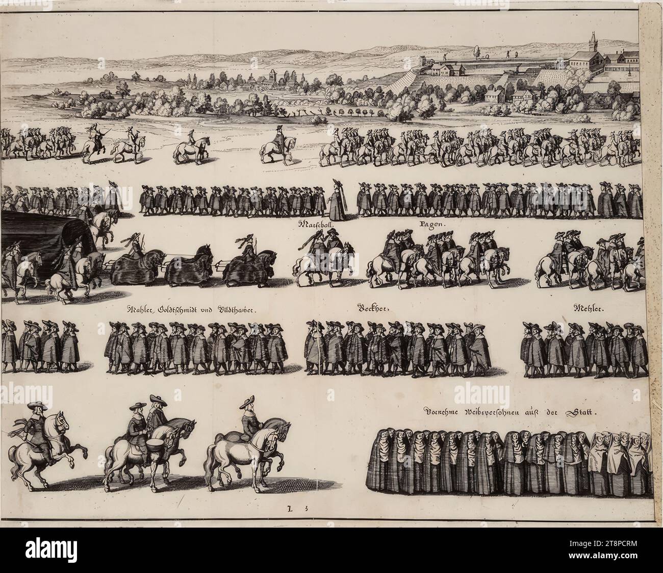 Trauerzug mit dem Leichnam des Landgrafen Moritz von Hessen-Kassel von Eschwege nach Kassel 1632 - Blatt L3, aus: Monumentum sepulcrale, ad Illustrissimi Celsissimique Principis ac Domini DN. Mauritii Hassiae Landgravii, Comitis ..., Kassel, Johann Ammon, 1638, 1638, Ätzen auf Papier, Blatt: 26,9 x 34,3 cm Stockfoto