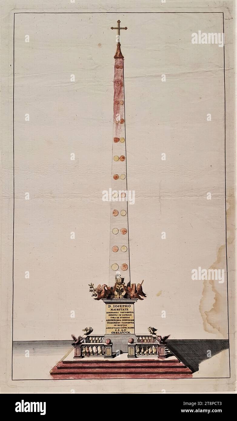 Begräbnisobelisk für Kaiser Joseph I. in Nürnberg 1711, von: Christoph Fürer von Haimendorf, Obeliskus, zu dem der heiterste, mächtigste und unbesiegbarste Fürst und Fürst, Herr Josepho der erste dieses Namens, ... Die glorreichste Erinnerung als ewiges Symbol ... Errichtet des Heiligen Römischen Reiches Freye Stadt Nürnberg, (Nürnberg), Endter, (1711), anonym, 1711, Ätzen auf Papier, Aquarell, Blatt: 35,7 x 21,5 cm Stockfoto