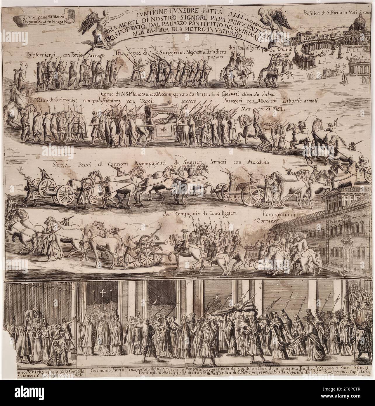 Trauerprozession mit dem Leichnam von Papst Innozenz XI Am 13. August 1689 in Rom vom Quirinalpalast zum Vatikanischen Palast, anonym, (1689), Ätzung auf Papier, Blatt: 32,4 x 32 cm Stockfoto