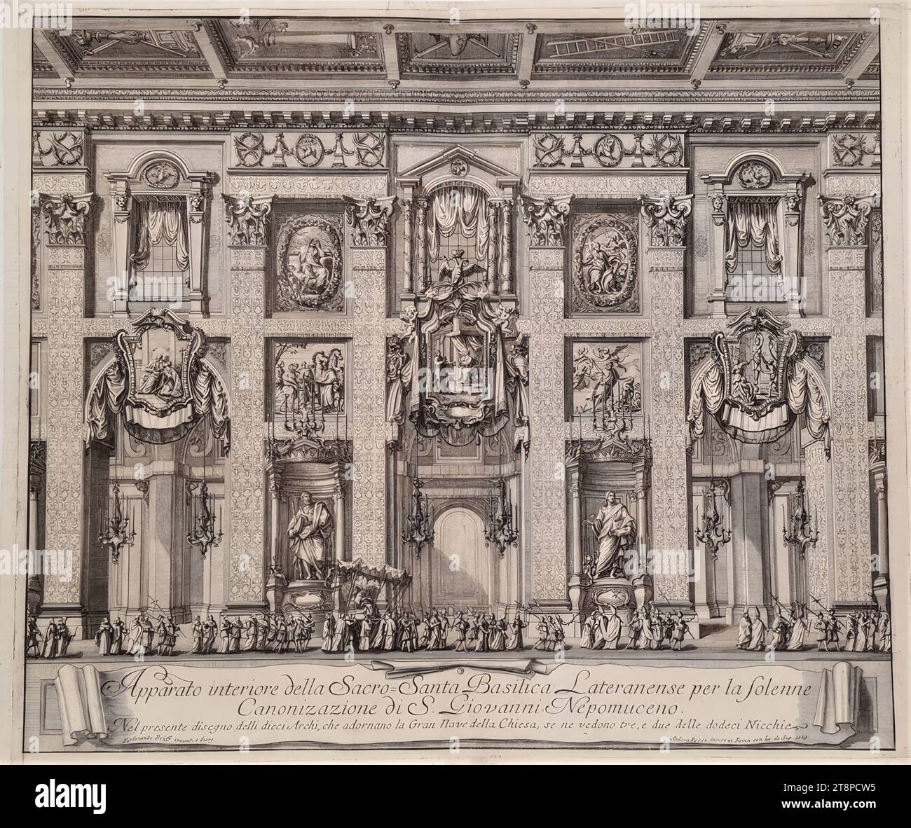 Eintritt des Papstes in die Basilika San Giovanni in Laterano in Rom mit festlichen Dekorationen zur Heiligsprechung von Johannes von Nepomuk am 19. März 1729, 1729, Kupferstich auf Papier, Blatt: 52,6 x 62,1 cm, [unten] "Nel presente disegno delli dieci Archi, che adornano la Gran nave della Chiesa, se ne vedono tre, e due delle dodeci Nicchie" (unter dem Titel Stockfoto