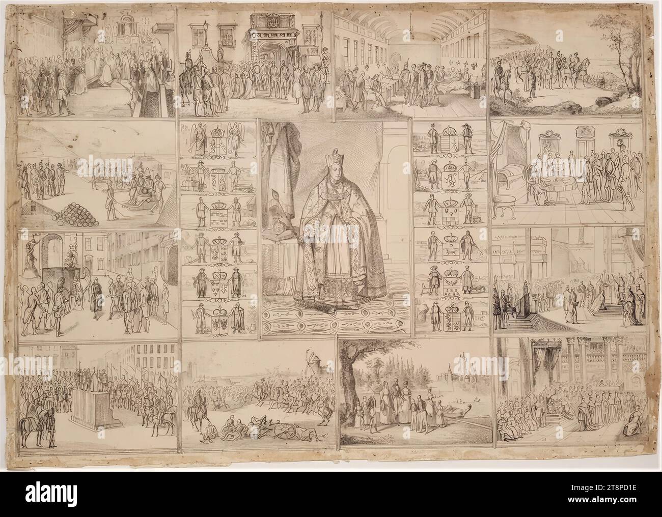 Kaiser Franz II./I. In Krönungsregalia mit den Wappen seiner Kronenlande umgeben von zwölf Szenen seines Lebens, um 1835/36, Druck, Lithographie auf Papier, Blatt: 49,8 x 70,4 cm Stockfoto