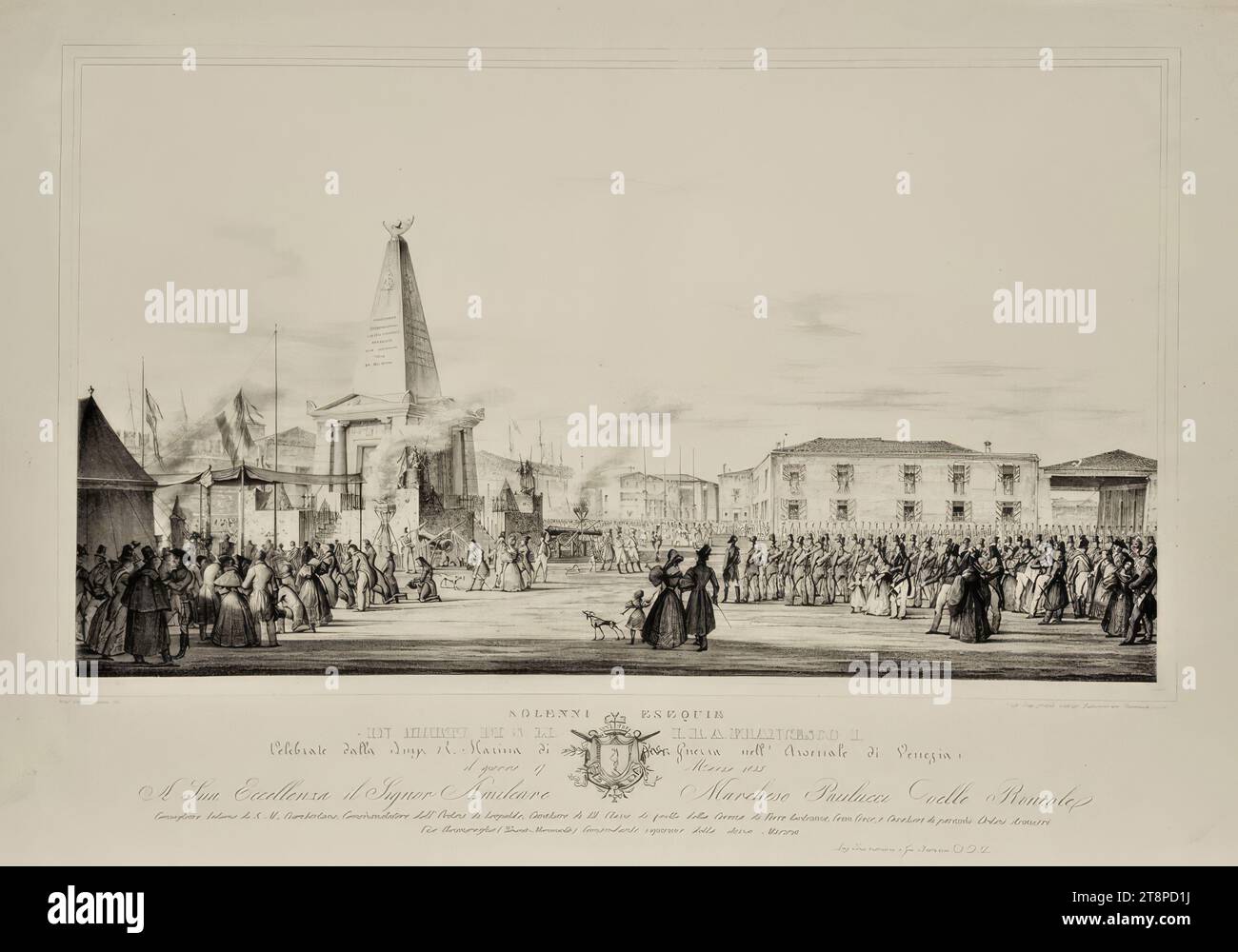 Die Feier der Exequien zum Tode Kaiser Franz I. von Österreich im Arsenal in Venedig am 17. März 1835, (1835), Druckgraphik, Lithographie auf Papier, Blatt: 41,7 x 59,8 cm, „to his Excellence Mr Hamilcare Marquis Paulucci delle Roncole | Intimberater seiner Majestät, Chamberlain, Commander des Ordens von Leopold, Ritter von III Klasse der Österreichischen Eisernen Krone, des Großen Kreuzes und des Ritters mehrerer ausländischer Orden | Vize-Admiral (: Leutnant Marschall :) Oberbefehlshaber der gleichen Marine | Ang Tramontini und Gio Barozzi DDD." (Unterhalb des titels Stockfoto