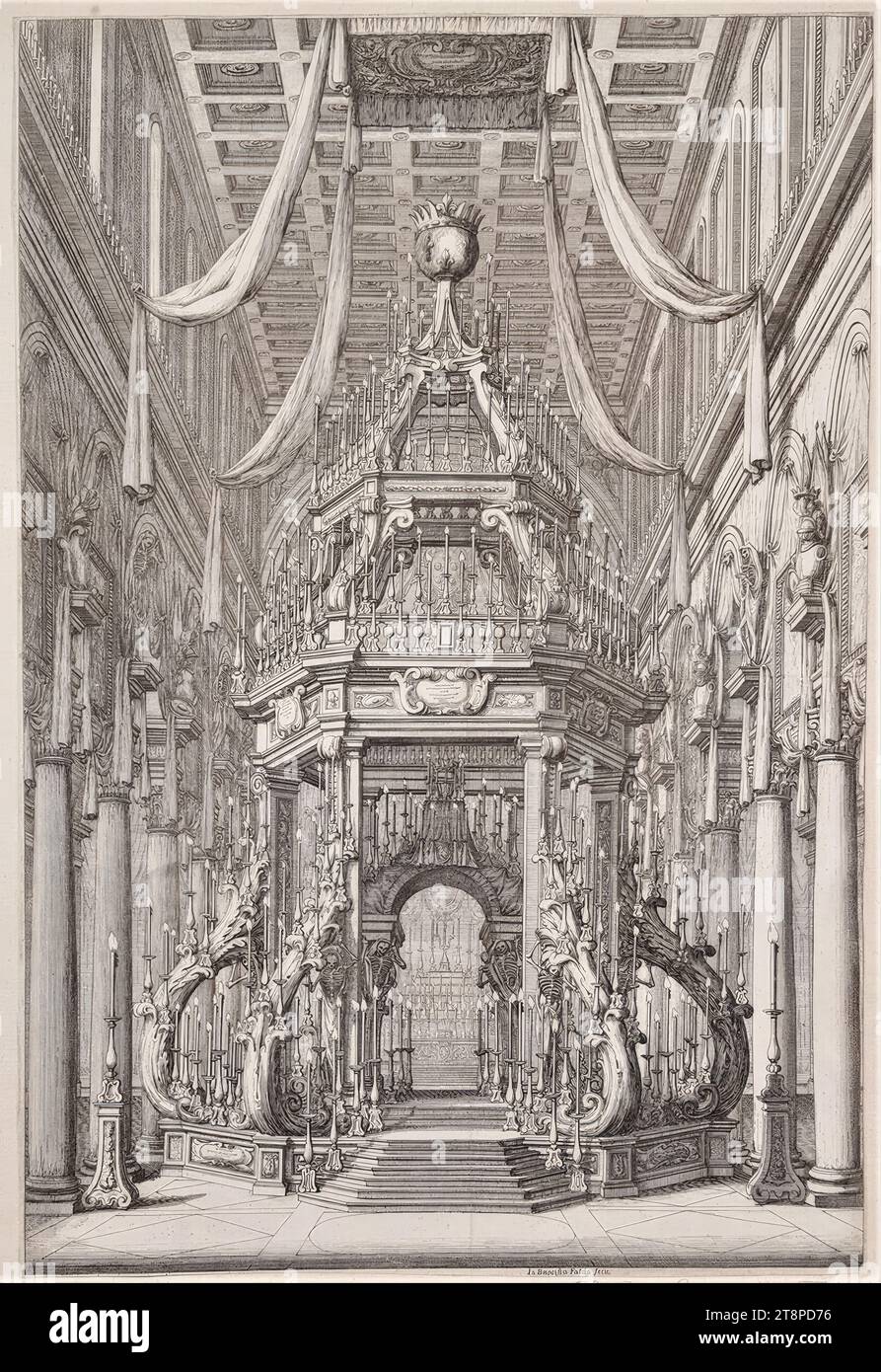 Bestattungsbau für Großherzog Ferdinand II. Von der Toskana am 11. Dezember 1670 in der Kirche S. Lorenzo in Florenz, von: Manfredo Macigni, Esequie del Serenissimo Ferdinando II Gran Duca di Toscana feiert in Firenze dal Serenissimo Cosimo III., Florenz, Vangelisti – Martini, 1671, 1671, Druck, Ätzen auf Papier, Blatt: 40,3 x 27,3 cm Stockfoto