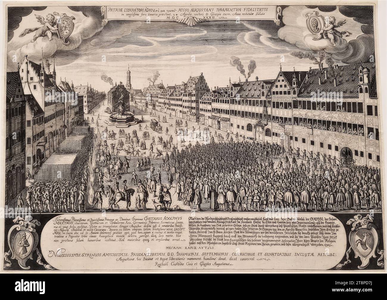 Hommage der Augsburger an König Gustav II. Adolf von Schweden auf dem Weinmarkt in Augsburg am 24. April 1632, 1634, Druck, Kupferstich auf Papier, Blatt: 36,6 x 50,8 cm, [l.u.] 'Serenissimus, Potentissimus et Invicssimus Princeps ac Dominus, Dominus GUSTAVUS ADOLPHUS | MAXIMUS, Suecorum, Gotthorum et Vandalornm Rex ... Et amplioribus ornat'; [R.B.] „nachdem das alles durchdringt mächtig ist, ist Fürst und Herr, Lord Gustav Adolph der GROSSE, der Schwede, | den, Gotthen und Wenden Khönig, Großfürst von Finnland, Herzog von Esten und Carelen unbesiegbar Stockfoto