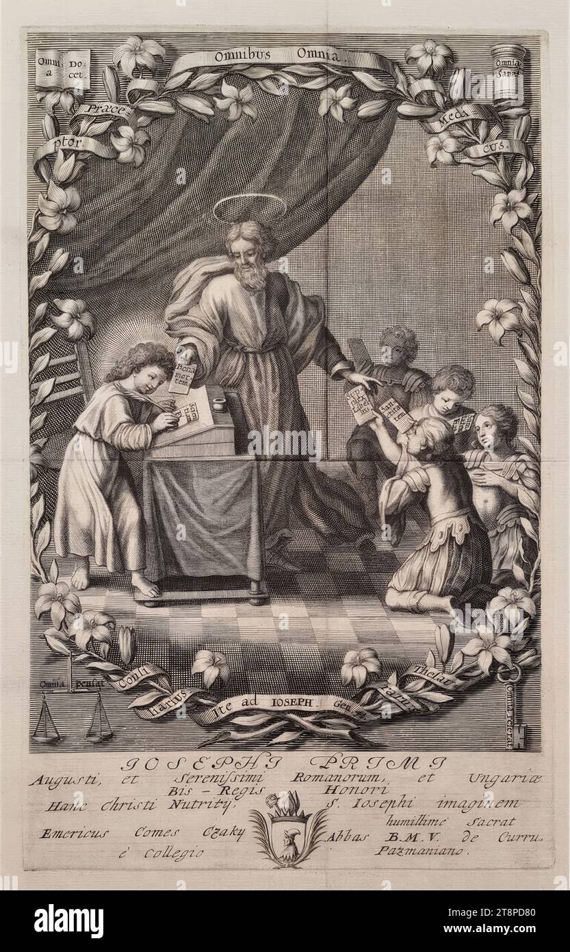 Der Heilige Joseph als Nährvater und Vermittler zwischen Christus und den bittenden Menschenkindern, Anonym, um 1692, Kupferstich auf Papier, Blatt: 28,7 x 19,5 cm, [u.] JOSEPHI PRIMI | von Augustus, und der ruhigsten Römer, und von Ungarn zweimal-Königsehrung dieses Bild von Christi Ernährung, von St. Joseph weiht demütig | emeritierter Graf Czaky Abbas B.M.V. de Curru | und das Pazmanian College." (Widmungstext Stockfoto