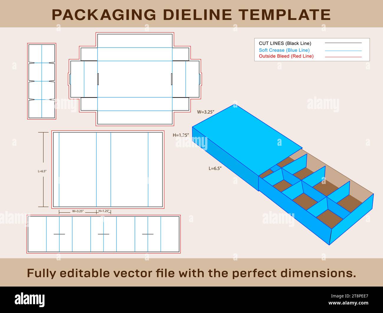 Schokoladenbox Slave Deckel Matrize Line Template und 3D Box editierbare Vektordatei einfügen. Stock Vektor