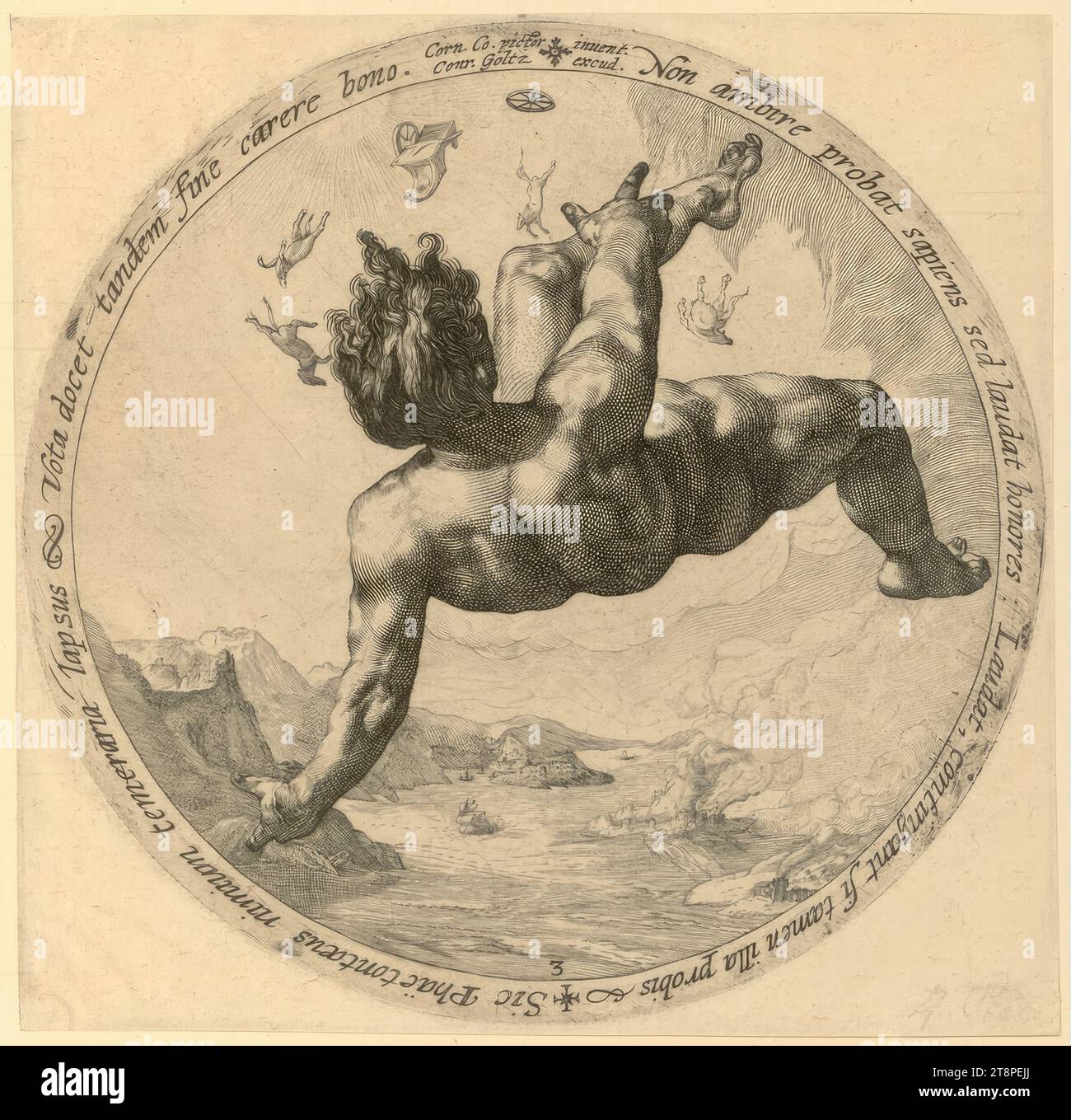 Phaeton, die vier Himmelsstürmer, um 1600, Druckgraphik, Kupferstich, Blatt: 18 x 18,5 cm, auf der Kreisperipherie: 'der Weise Mann versucht nicht umherzugehen, sondern lobt Ehren:, lobt, sie werden geschehen, wenn man sie noch versucht, also Phaetontaeus zu leichtsinniger Fall, Vota lehrt, dass am Ende das Gute fehlt', M.u. '3'; Inschrift auf der Kreisperipherie: "der Weise Mann versucht nicht umherzugehen, sondern lobt Ehren:" Er lobt, lass sie geschehen, wenn du sie noch probierst, also ist Phaetontaeus zu leichtsinnig Stockfoto