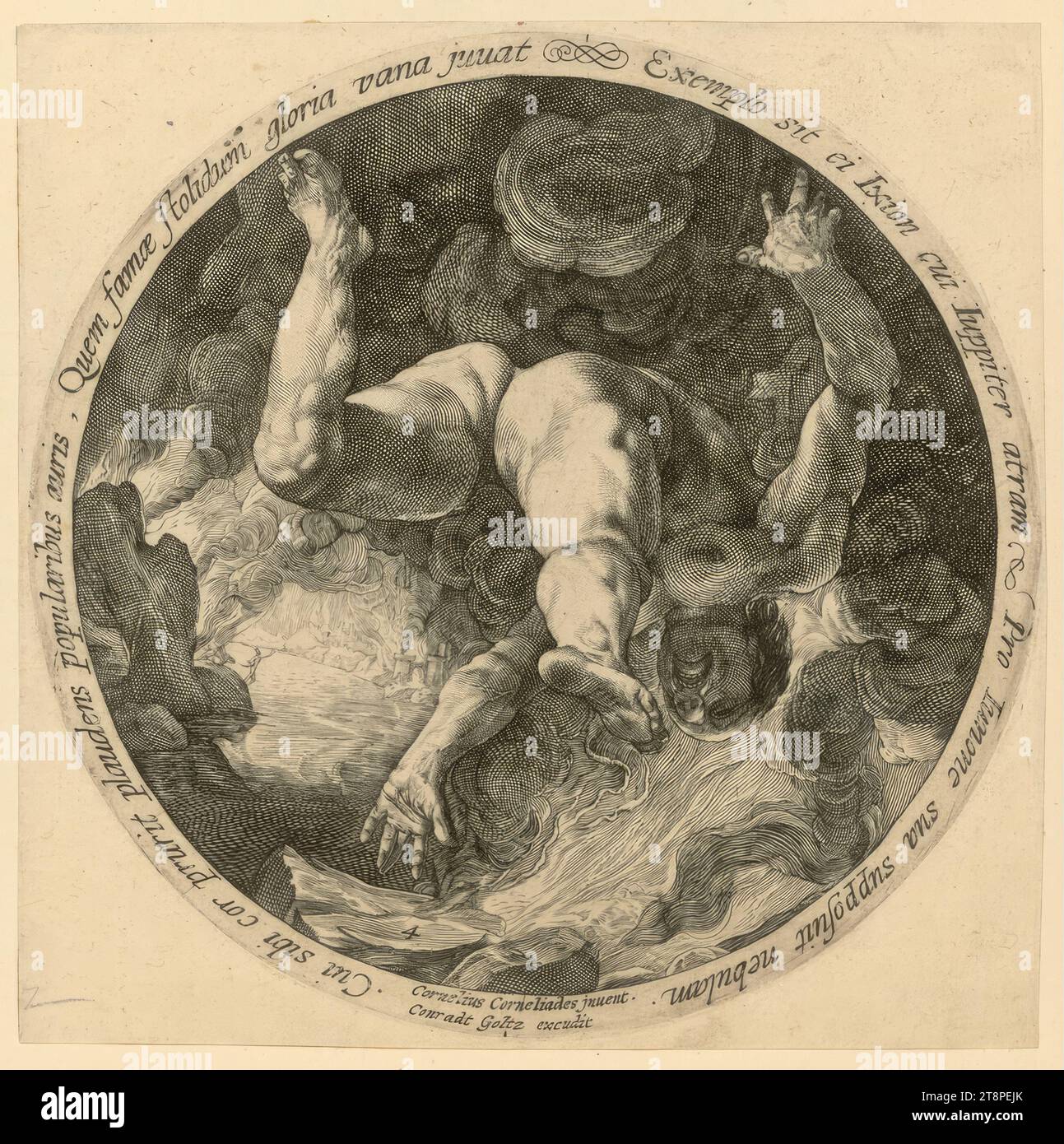 Ixion, die vier Himmelsstürmer, um 1600, Druckgraphik, Kupferstich, Blatt: 18 x 18,4 cm, auf der Kreisperipherie: 'dessen Herz es juckt, den Volksohren zu applaudieren, denen die blöde Ruhm hilft.', Lass Ixion ihm ein Beispiel sein, dem Jupiter dunkel wird, Er nahm eine Wolke für seinen eigenen Juno an.', l.u. '4'; Inschrift auf der Kreisperipherie: "dessen Herz es juckt, den Ohren der Menschen zu applaudieren, denen die törichte Ruhm hilft, sei Ixion ein Vorbild für ihn, den Jupiter schwärzte, für seinen eigenen Juno, er nahm eine Wolke an Stockfoto