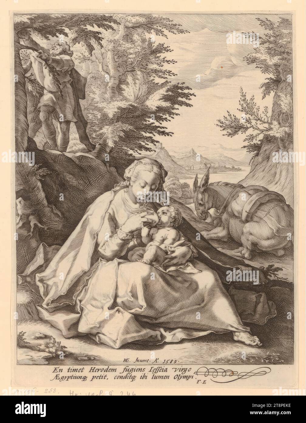 Die Heilige Familie auf dem Flug nach Ägypten, 1589, Druck, Kupferstich Stockfoto
