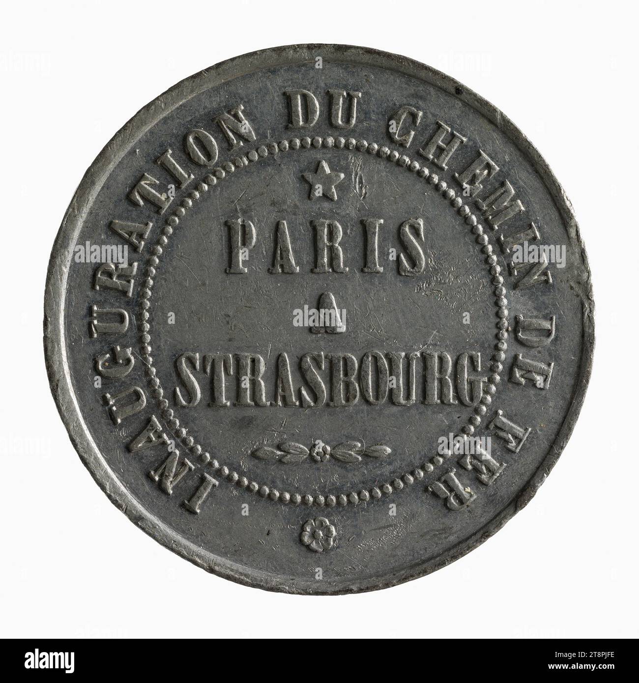 Einweihung der Eisenbahnstrecke Paris nach Straßburg in Anwesenheit von Prinz Louis-Napoleon, 18-19. Juli 1852, 1852 Numismatische Medaille, weißes Kupfer, Paris, Abmessungen - Arbeit: Durchmesser: 3,3 cm, Gewicht (Typengröße): 10,93 g Stockfoto