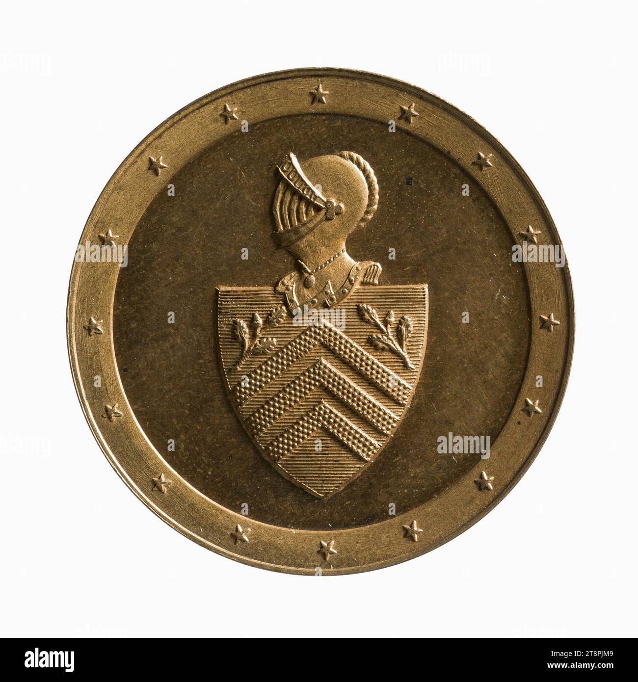 Wappenmarke mit Glücksallegorie, 19. Jahrhundert, 19. Jahrhundert, Numismatische Medaille, Kupfer, vergoldet = Vergoldung, Abmessungen - Werk: Durchmesser: 2,7 cm, Gewicht (Typenabmessung): 8,19 g Stockfoto