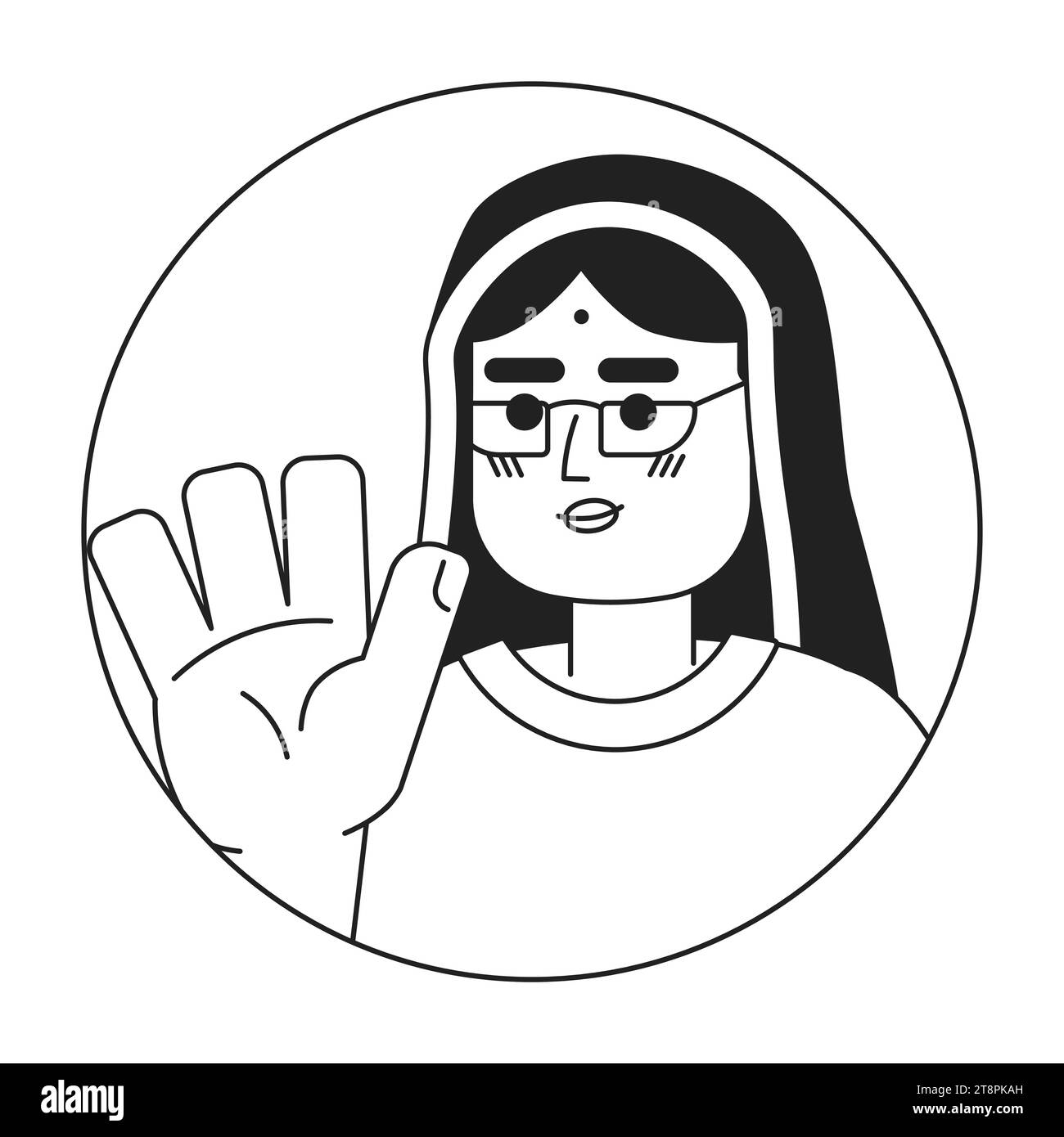 Mid-adulte hindu-Frau sagt Hallo schwarz-weiße 2D-Vektor-Avatar-Illustration Stock Vektor