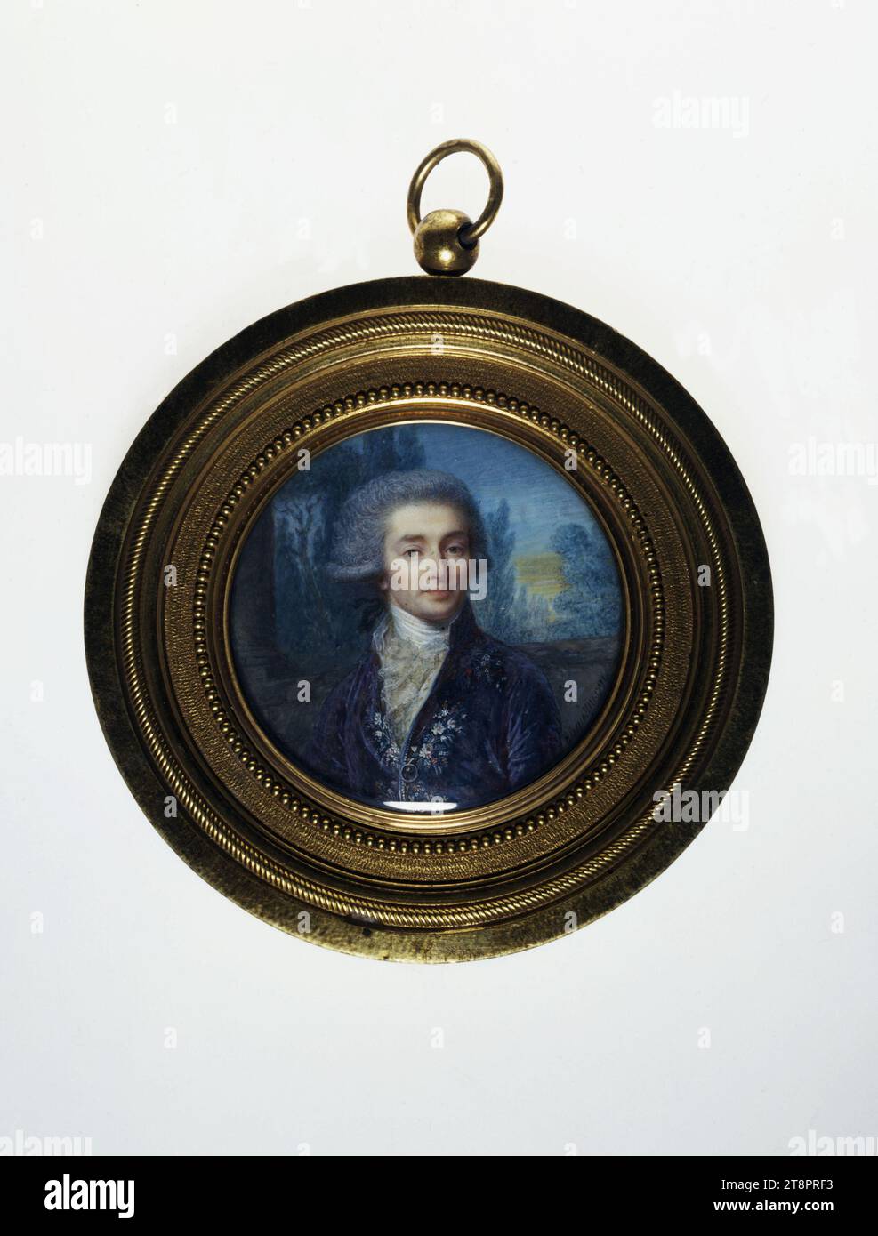 Porträt von Claris de Florian, Augustin, Jean-Baptiste-Jacques, Maler, 1791, 18. Jahrhundert, Ebene 3, Raum 12, Gemälde, Ivoirerie, Miniatur, Aquarell, Gouache, Elfenbein, Bronze, Vergoldung = Vergoldung, Abmessungen - Arbeit: Durchmesser: 5,7 cm, Abmessungen - Rahmen: Durchmesser: 10 cm Stockfoto