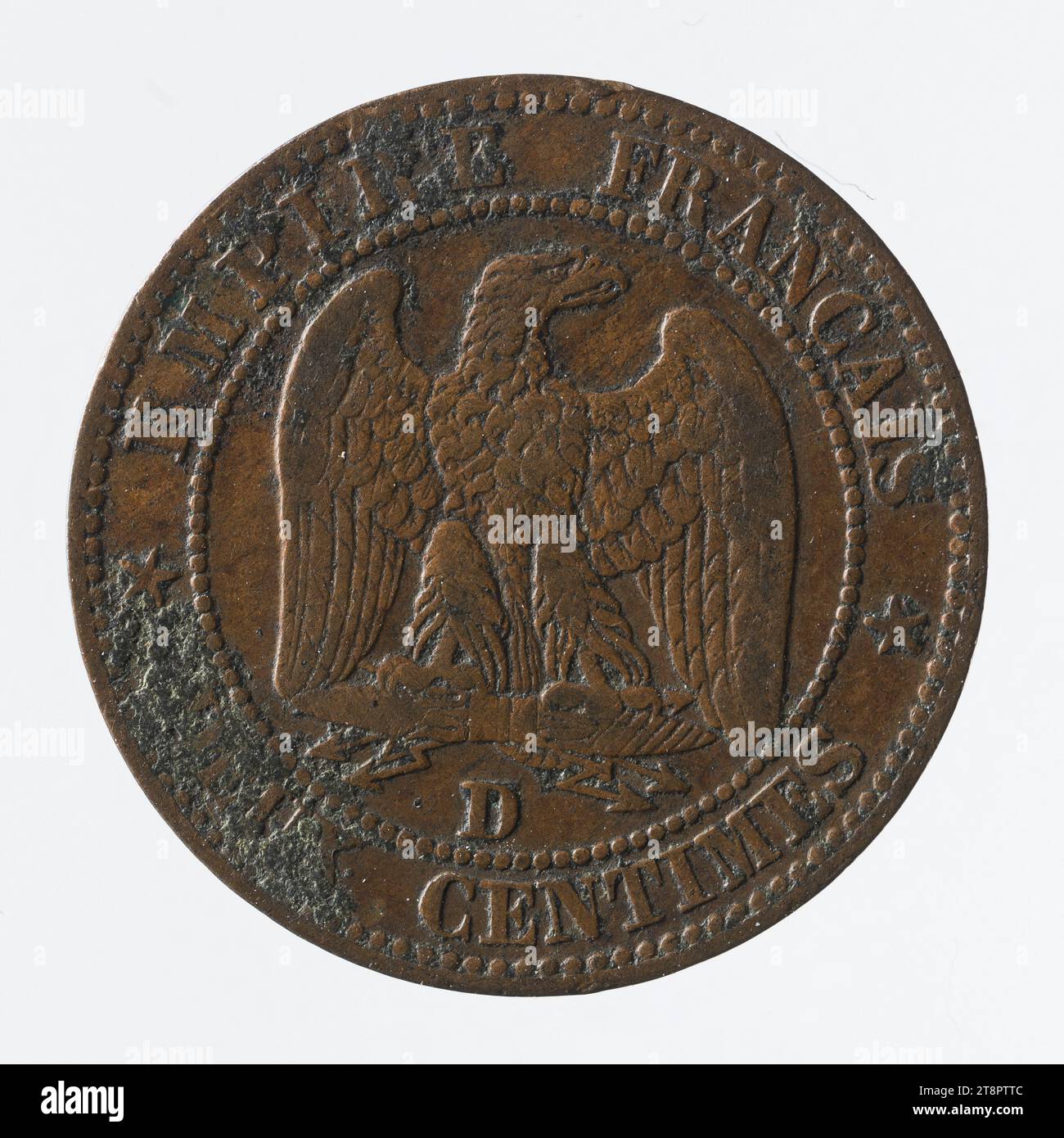 Münze von 2 Centimes in Bronze von Napoleon III, 1857, Barré, Albert-Désiré, Graveur en médailles, Array, Numismatique, Monnaie, Lyon, Abmessungen - Arbeit: Durchmesser: 2 cm, Gewicht (Typenabmessung): 1,96 g Stockfoto