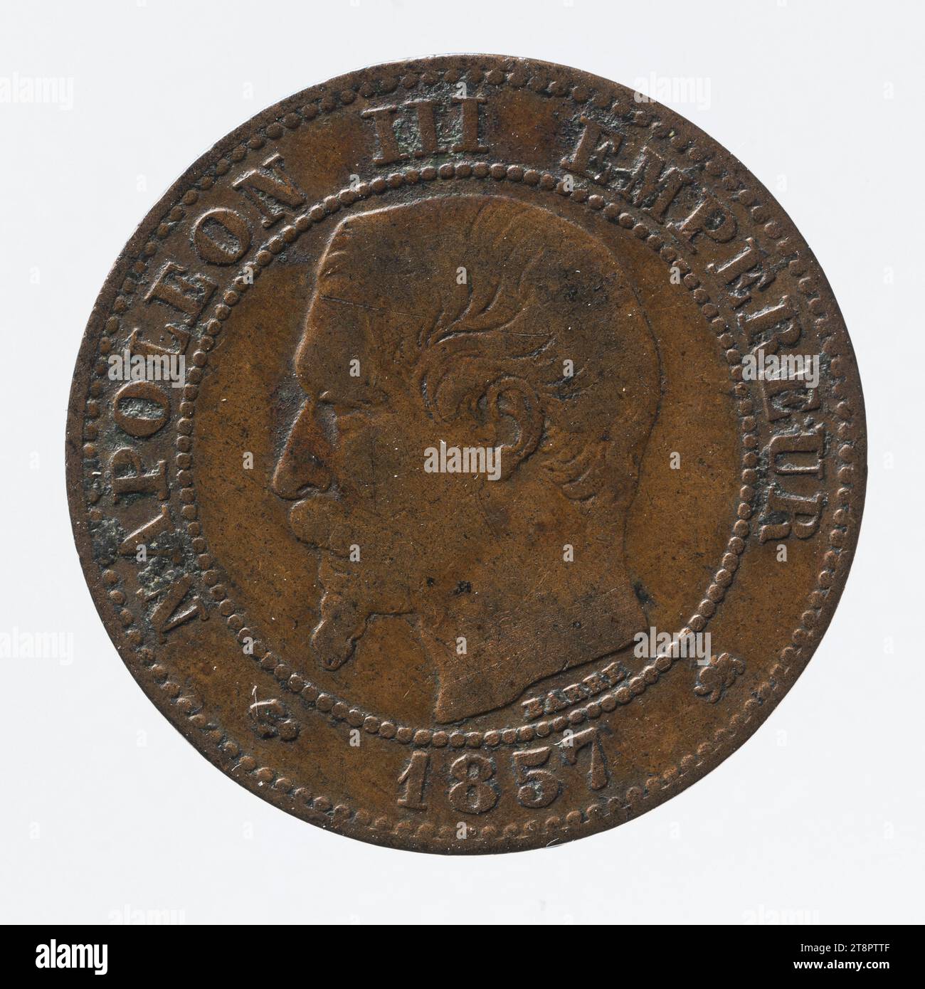 Münze von 2 Cent in Bronze von Napoleon III, 1857, Barré, Albert-Désiré, Graveur en médailles, Array, Numismatique, Monnaie, Lyon, Abmessungen - Arbeit: Durchmesser: 2 cm, Gewicht (Typengröße): 1,96 g Stockfoto