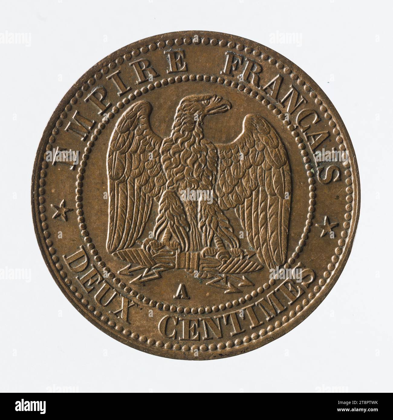 Münze von 2 Centimes in Kupfer von Napoleon III, 1862, Barré, Albert-Désiré, Graveur en médailles, Array, Numismatique, Monnaie, Paris, Abmessungen - Werk: Durchmesser: 2 cm, Gewicht (Typenabmessung): 1,99 g Stockfoto