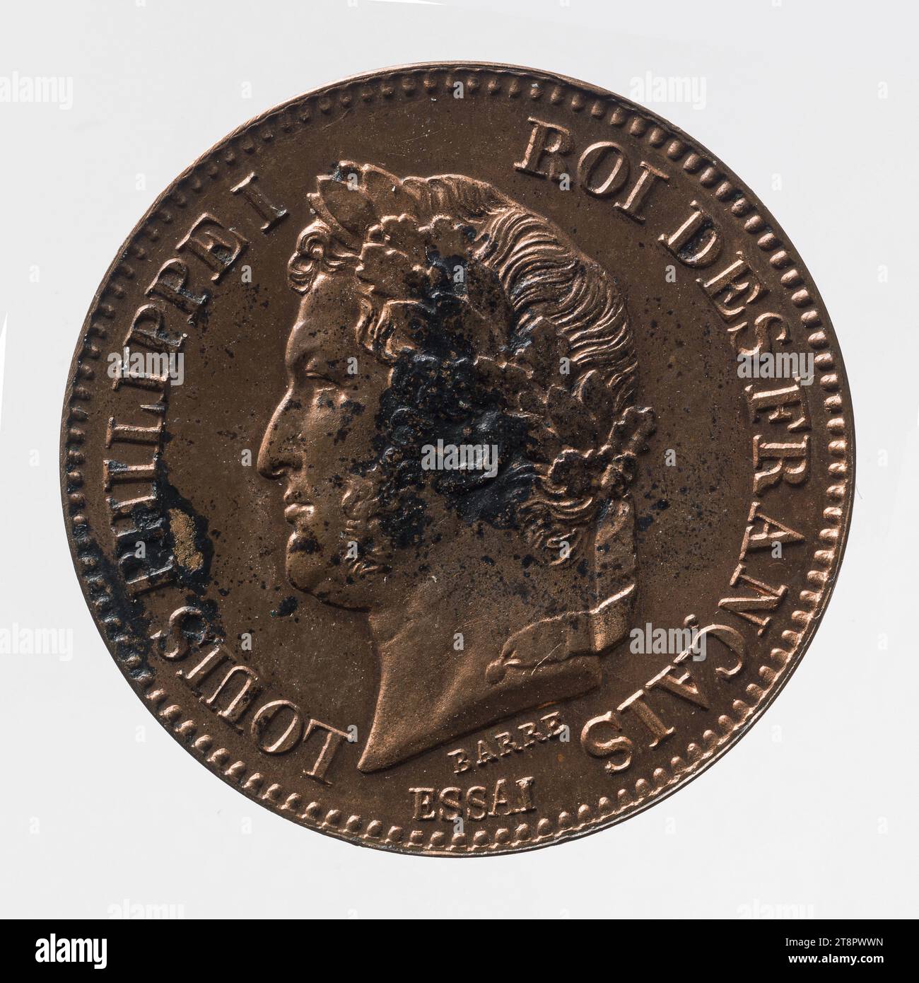 Prüfung auf die Münze von zwei Franken von Louis-Philippe, 1842, Barré, Gravierer in Medaillen, Array, numismatisch, Mint, Abmessungen - Werk: Durchmesser: 1,7 cm, Gewicht (Typengröße): 2,96 g Stockfoto