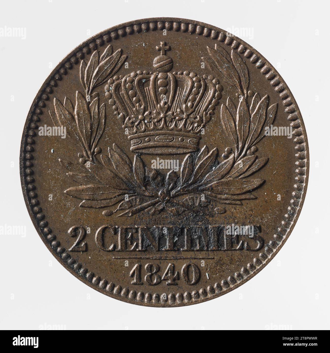 Test auf die 2-Centimes-Münze von Louis-Philippe, 1840, Barré, Gravierer in Medaillen, Array, Numismatic, Monnaie, Paris, Abmessungen - Arbeit: Durchmesser: 1,7 cm, Gewicht (Typengröße): 2,02 g Stockfoto