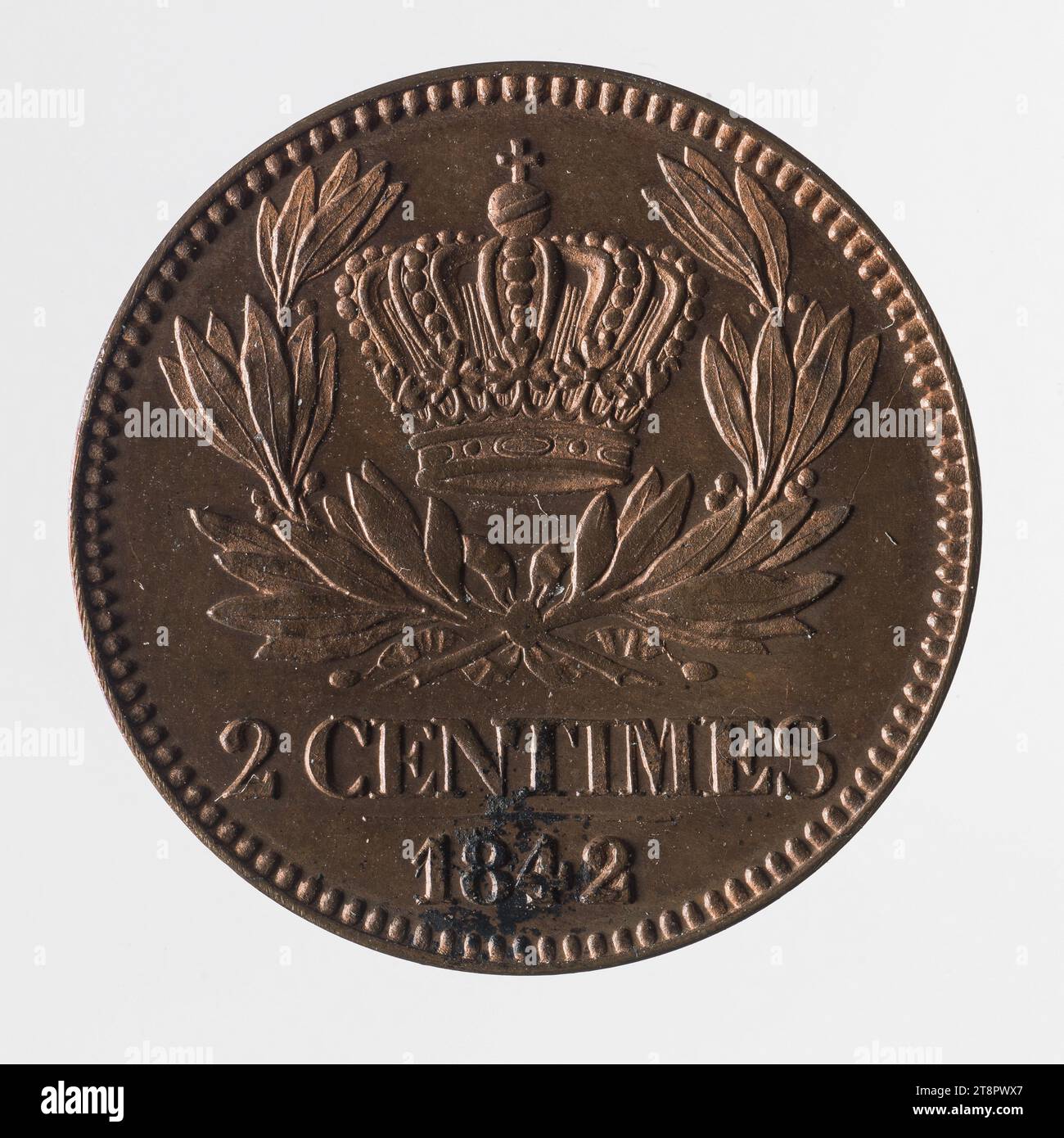 Test für die 2-Cent-Franc-Münze von Louis-Philippe, 1842, Barré, Gravierer in Medaillen, Array, Numismatik, Mint, Größen - ausgestellt: Durchmesser: 1,7 cm, Gewicht (Typengröße): 2,96 g Stockfoto