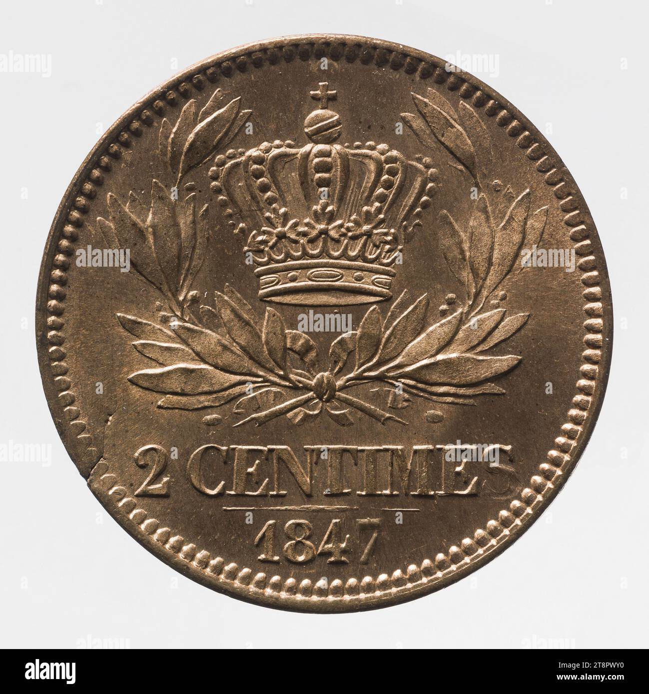 Test für die 2-Cent-Franc-Münze von Louis-Philippe, 1847, Barré, Gravierer in Medaillen, Array, Numismatik, Mint, Größen - ausgestellt: Durchmesser: 1,7 cm, Gewicht (Typengröße): 3,11 g Stockfoto