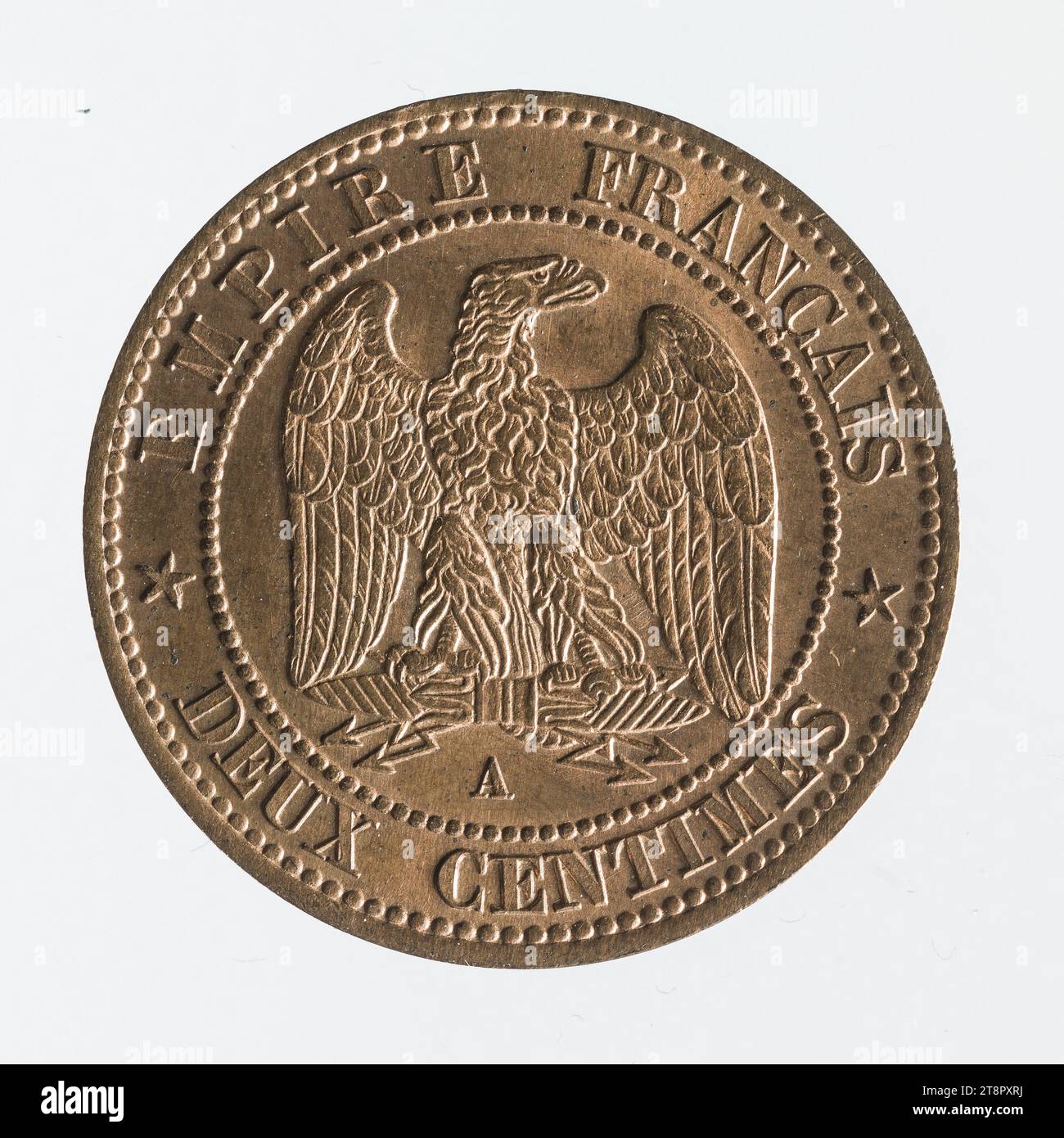 Münze von 2 Centimes in Kupfer von Napoleon III, 1853, Barre, Jacques-Jean, Graveur en médailles, Array, Numismatique, Monnaie, Paris, Abmessungen - Werk: Durchmesser: 2 cm, Gewicht (Typenabmessung): 1,99 g Stockfoto
