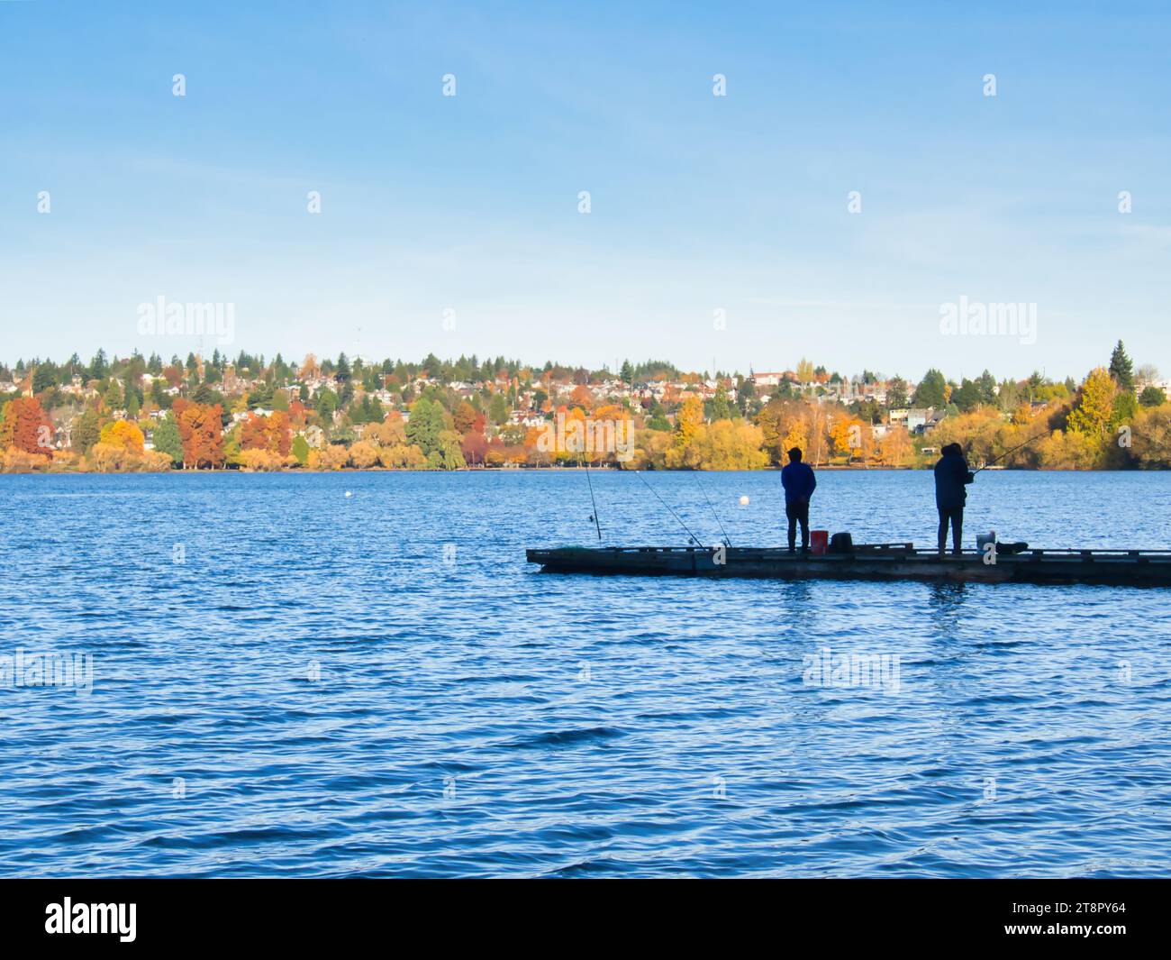 Zwei Männer in Silhouette aus der Ferne, die im Herbst von einem Pier im Green Lake Park in Seattle, Washington, Sportangeln. Stockfoto