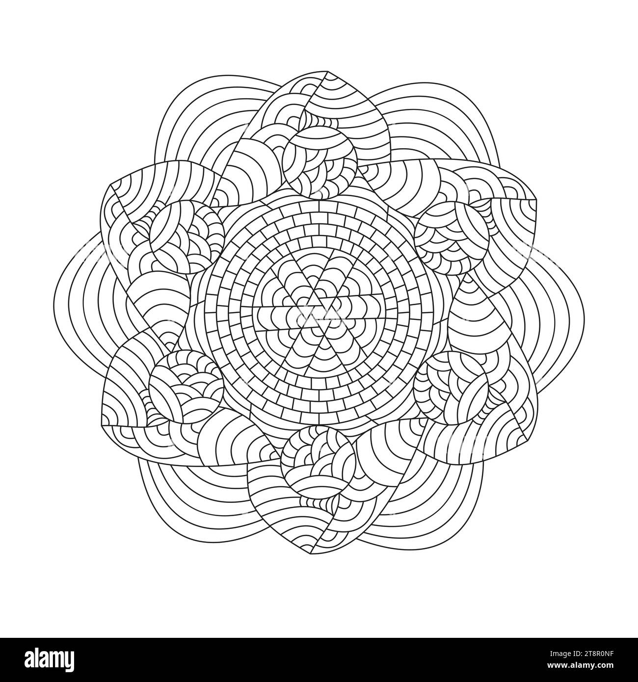 Himmlische Konvergenz Mandala Malbuch Seite für KDP Buch Innenraum. Friedliche Blütenblätter, Fähigkeit zum Entspannen, Gehirnerlebnisse, harmonischer Hafen, Frieden Stock Vektor