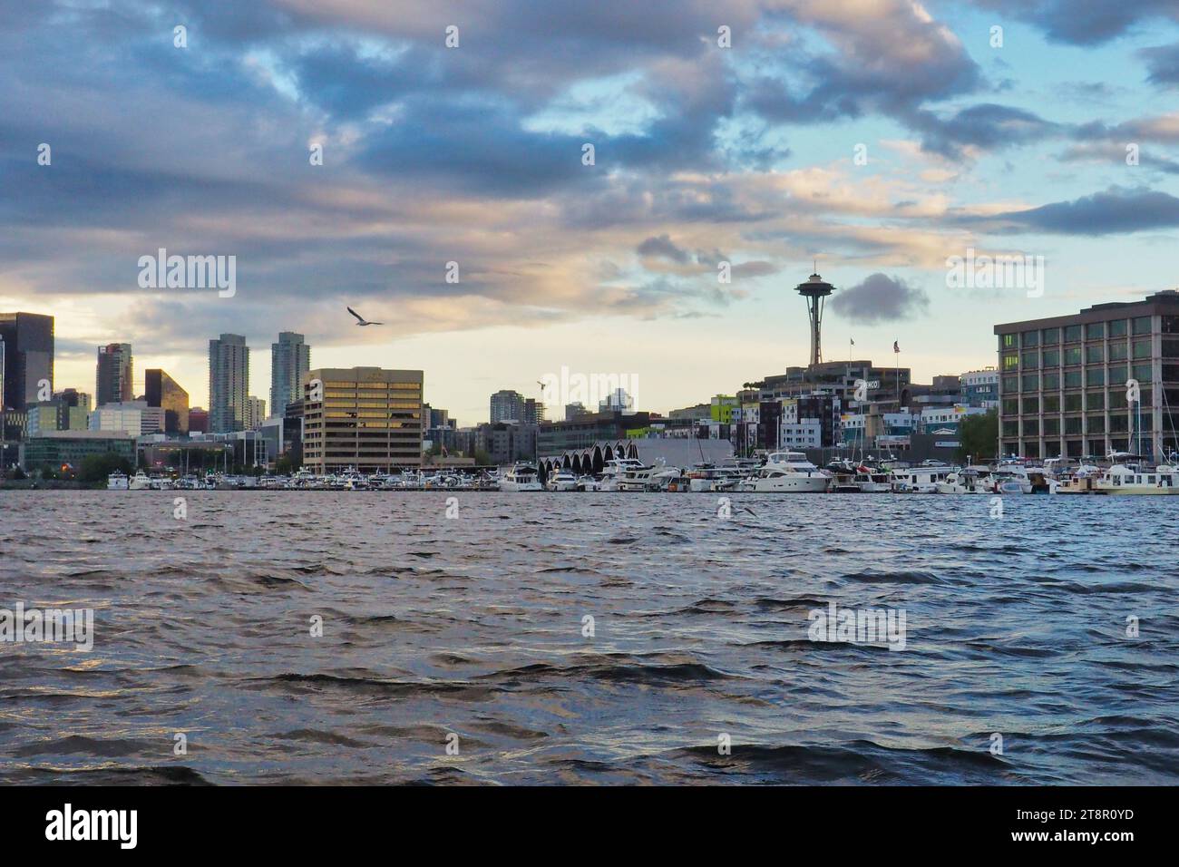Ein Blick auf Seattles Space Needle und South Lake Union Nachbarschaft vom Wasser am Lake Union. Innenstadt mit dramatischem Himmel und Wolken bei Sonnenuntergang. Stockfoto