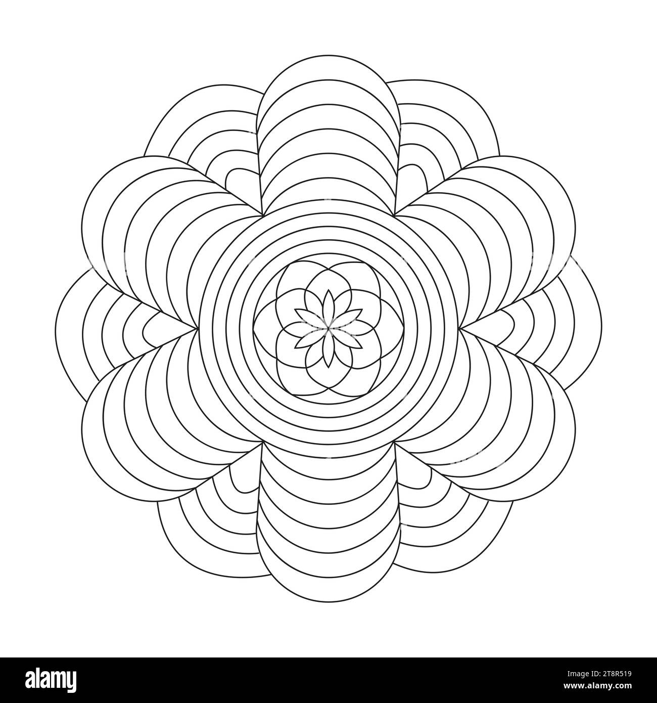 Einfache Luminous Landscapes Mandala Malbuch Seite für KDP Buch Innenraum. Friedliche Blütenblätter, Fähigkeit zum Entspannen, Gehirnerlebnisse, harmonischer Hafen, P Stock Vektor