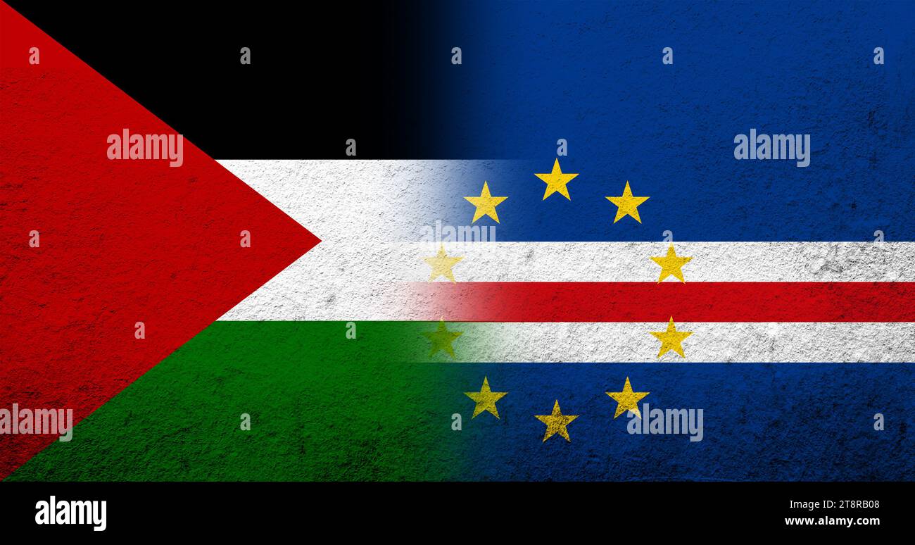 Flagge Palästinas und der Republik Cabo Verde (Kap Verde) Nationalflagge. Grunge-Hintergrund Stockfoto
