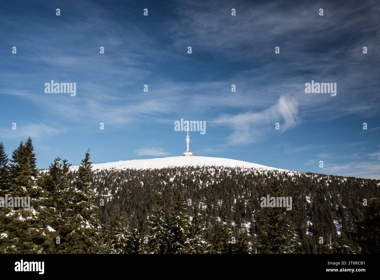 Praded Hügel mit Kommunikationsturm im Winter Jeseniky Berge in Tschechische republik Stockfoto