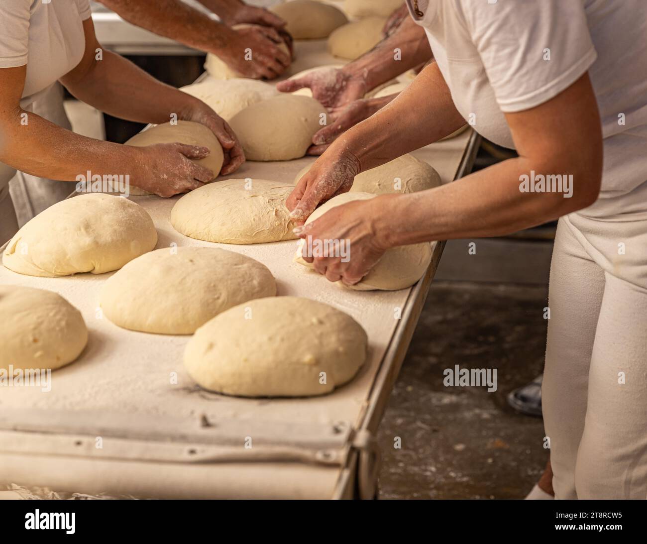 Bäcker, die Brotlaibe aus rohem Teig in der professionellen Küche Formen Stockfoto