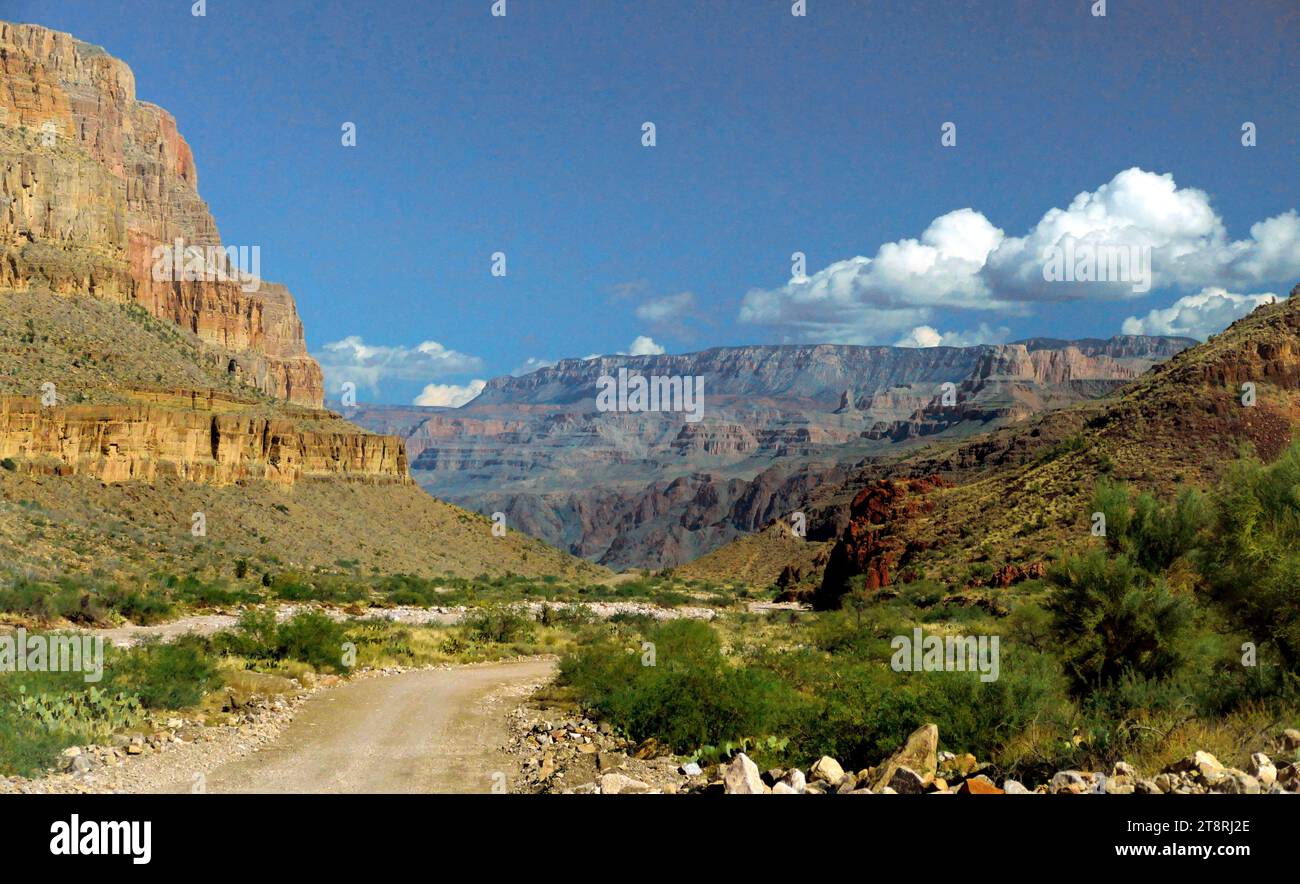 Tour Zum Inneren Grand Canyon. AZ, dieses ganztägige Abenteuer beginnt in Williams, Arizona, wo Sie an Bord unseres Reisebusses oder Minibusses steigen. Während Sie sich in unseren geräumigen, komfortablen Sitzen entspannen, fahren Sie auf einem der letzten verbleibenden Abschnitte der ursprünglichen historischen Route 66 nach Peach Springs, AZ in der Hualapai Nation Stockfoto