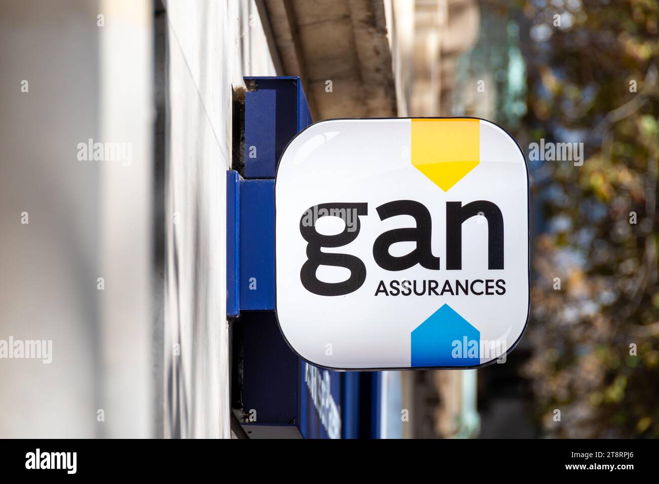 Zeichen und Logo einer Gan-Agentur. Gan ist ein französisches Versicherungsunternehmen, das zur Groupama-Gruppe gehört Stockfoto