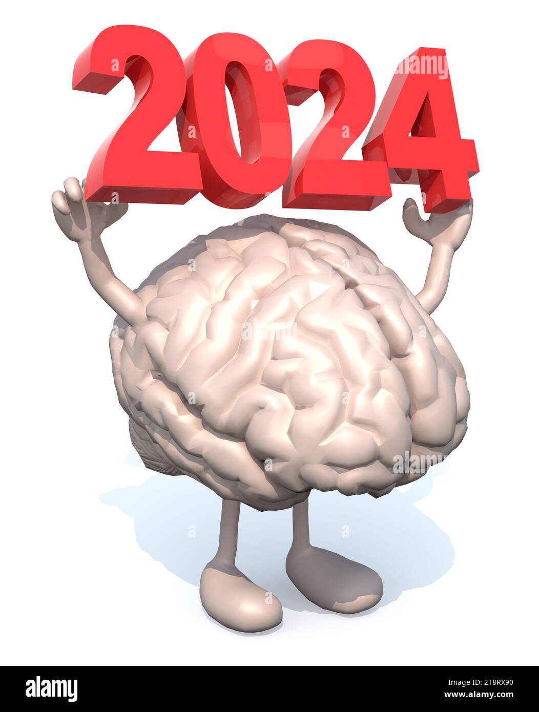 Gehirn mit Armen, Beinen und der 3D-Inschrift 2024, 3D-Illustration Stockfoto