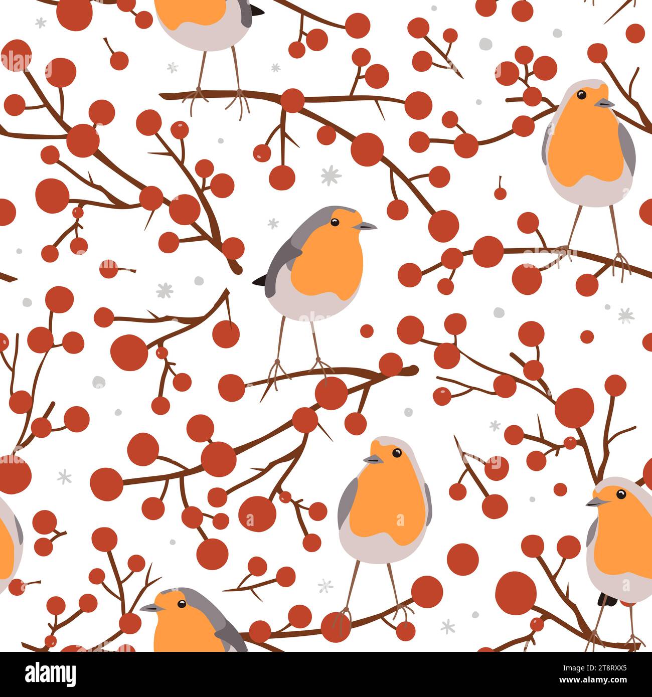Robin Vögel und rote Beeren Zweige, nahtloses Weihnachtsmuster, Winter Vektor Illustration, Druck auf weißem Hintergrund. Stock Vektor
