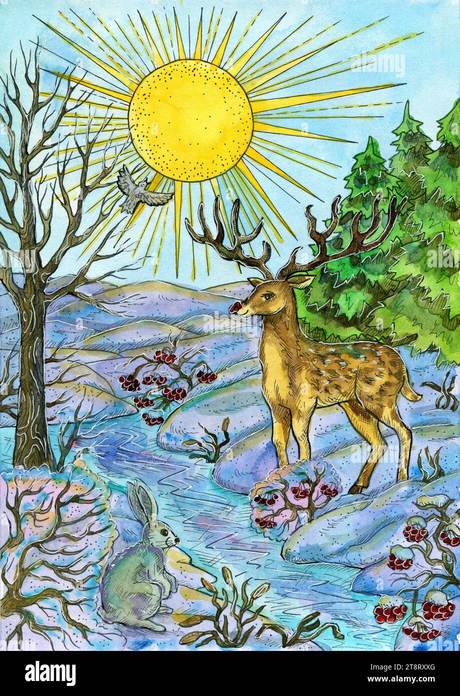 Weihnachten und Neujahr Aquarellillustration mit Hirsch und Kaninchen im malerischen Winterwald an sonnigen Tagen. Hintergrund der saisonalen Grußkarte. Stockfoto