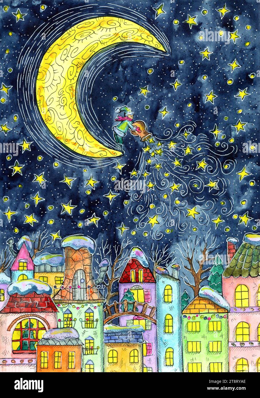 Weihnachten und Neujahr Aquarellillustration mit Mond und Zwerg oder Zwergsternen über wunderschönen Häusern oder Stadt bei Nacht. Saisonale Begrüßung c Stockfoto