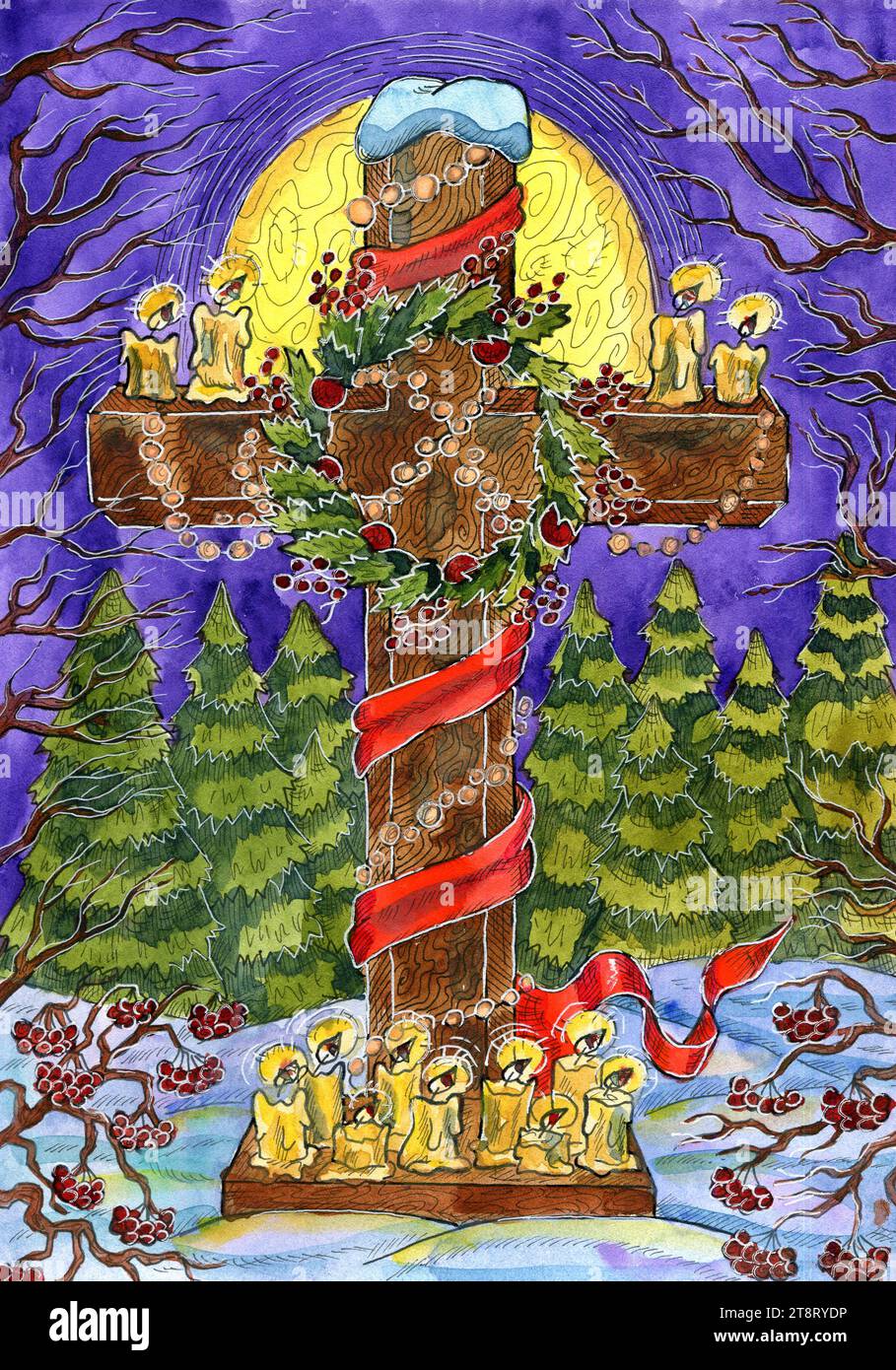 Weihnachten und Neujahr Aquarellillustration mit verziertem Kreuz und Altarplatz mit Kerzen im Winterwald. Saisonale Grußkarte Backgrou Stockfoto