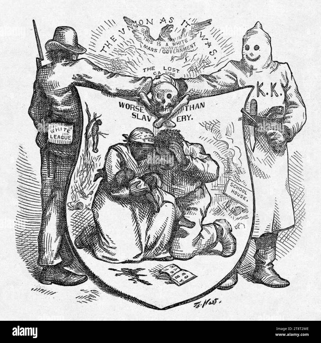 Die Gewerkschaft wie sie war, Harper's Weekly, 10. Oktober 1874. (Der Titel spielt auf die alte CA an. Copperhead-Wahlkampfslogan von 1862 "die Union wie sie war, die Verfassung wie sie ist".) Auf einem pseudo-heraldischen Schild ist eine schwarze Familie zwischen einem gelynchten Körper, der an einem Baum hängt, und den Überresten eines brennenden Schulhauses dargestellt, mit der Überschrift „schlimmer als Sklaverei“. Die „Unterstützer“ sind ein Mitglied der White League und ein Ku Kluxer mit Kapuze, der der „verlorenen Ursache“ die Hand schüttelt. Stockfoto