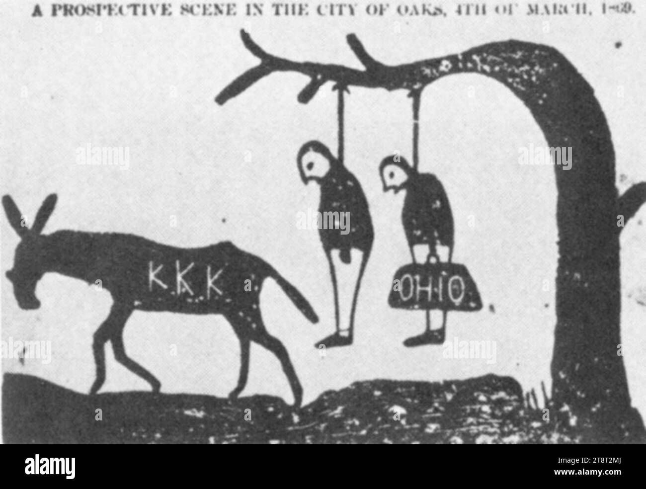 Ein Zeichentrick, der droht, dass die KKK am 4. März 1869 Skalawags (links) und Carpetbagger (rechts) lynchen wird. Das Bild zeigt Arad Simon Lakin („Ohio“) und Noah B. Cloud, die am Baum hängen. Der 4. März 1869 ist der Tag, an dem Horatio Seymour, ein Demokrat, angeblich Präsident wird. Tuscaloosa, Alabama Stockfoto
