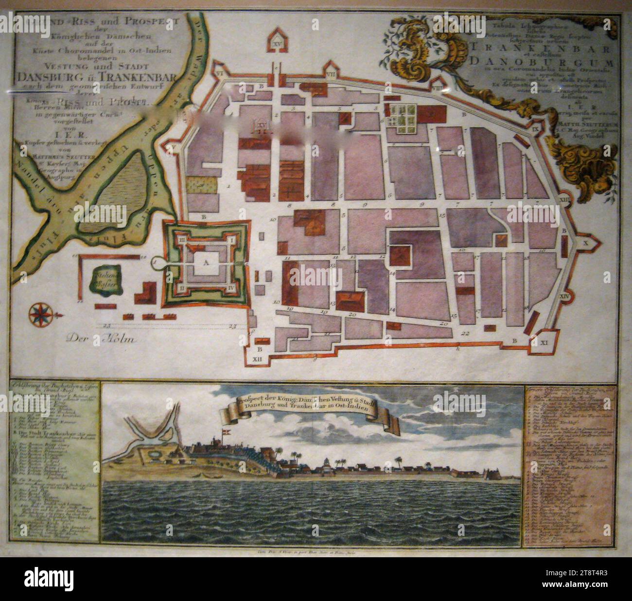 Historische Karte der dänischen Kolonie Tranquebar und Fort Dansborg, 1700er Jahre Stockfoto