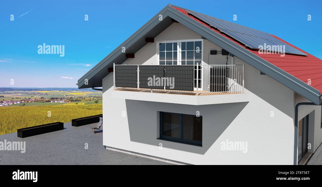 Installation von Balkonsolen mit Batteriespeicher im Privathaus, 3D-Illustration Stockfoto