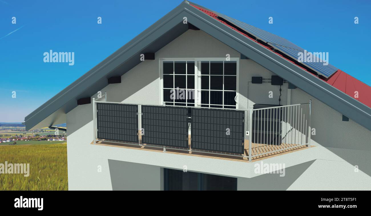 Installation von Balkonsolen mit Batteriespeicher im Privathaus, 3D-Illustration Stockfoto