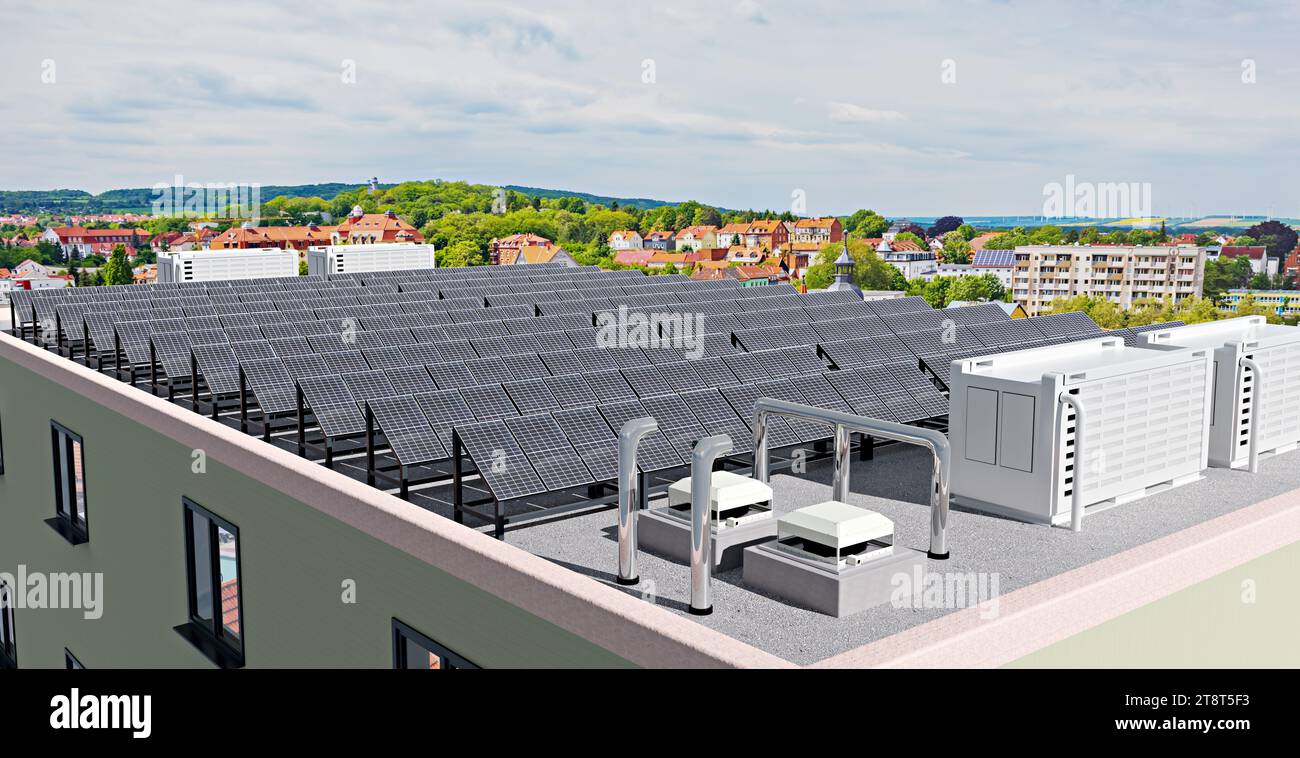 Installation von Solarpaneelen mit Batteriespeicher auf dem Dach eines Hochhauses, Abbildung 3D Stockfoto