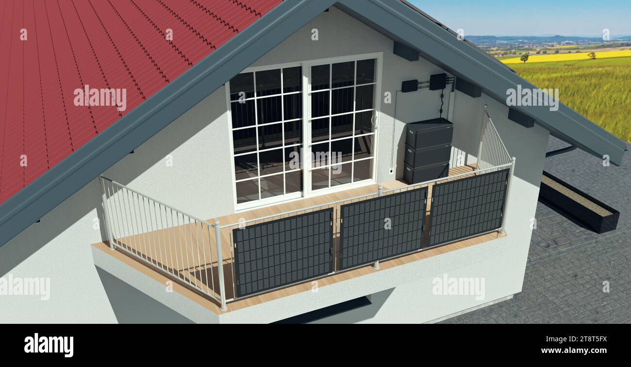 Installation von Balkonsolen mit Batteriespeicher im Privathaus, 3D-Illustration Stockfoto