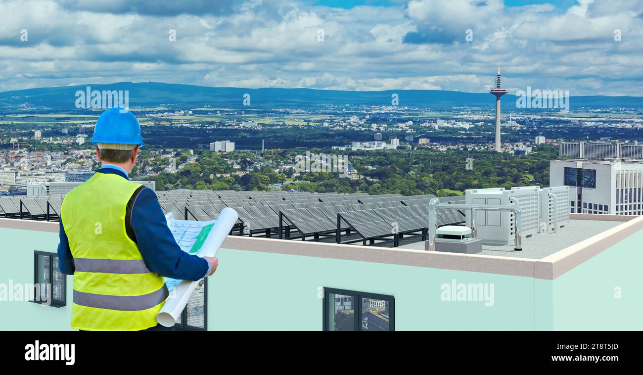 Installation von Solarpaneelen mit Batteriespeicher auf dem Dach eines Hochhauses, Abbildung 3D Stockfoto