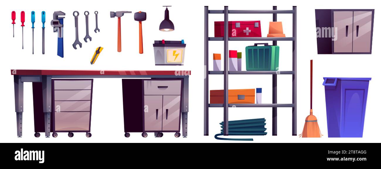 Garage Werkstattraum Cartoon Innenvektorsatz. Zimmermannswerkzeug und Ausrüstung für heimwerker im Keller des Hauses. 2D-Werkzeugkastenbestand in Regalen. M Stock Vektor