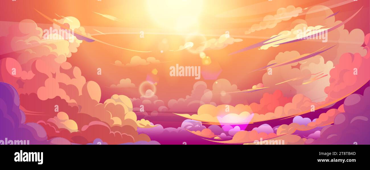 Sonnenuntergang oder Sonnenaufgang Himmel mit Anime flauschigen Wolken. Karikaturvektor-Hintergrund des rosa und gelben Farbverlaufs gefärbter bewölkter Himmel mit Sonnenschein. Romantisch Stock Vektor